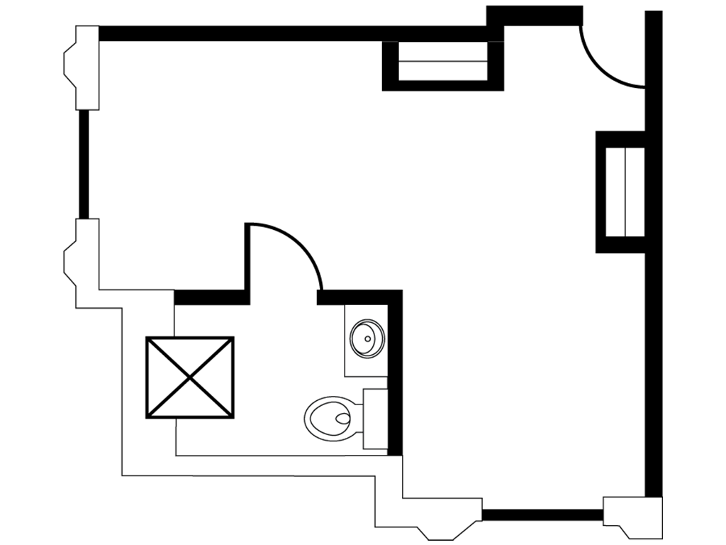 Fountain Studio Floor Plan, 525 sq ft, semi private studio