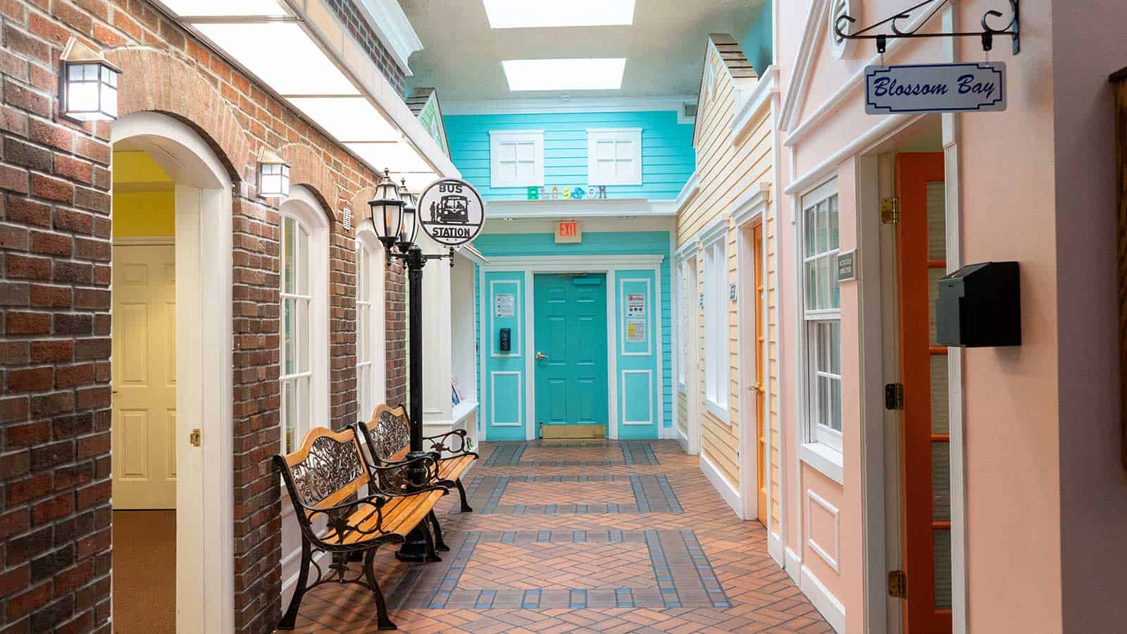 Hallway designed as a mock street at Superior Residences of Brandon